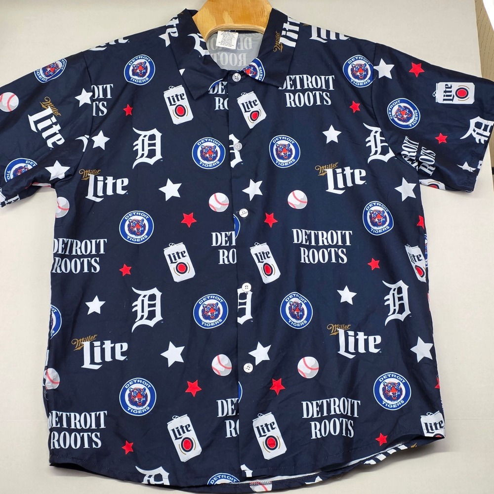 Detroit Tigers Miller Lite Shirt Men's 2XL All Over Print Button‎ Up